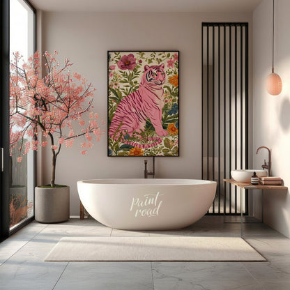 This captivating digital illustration features a pink tiger seated amidst a lush tapestry of vibran… for bathroom