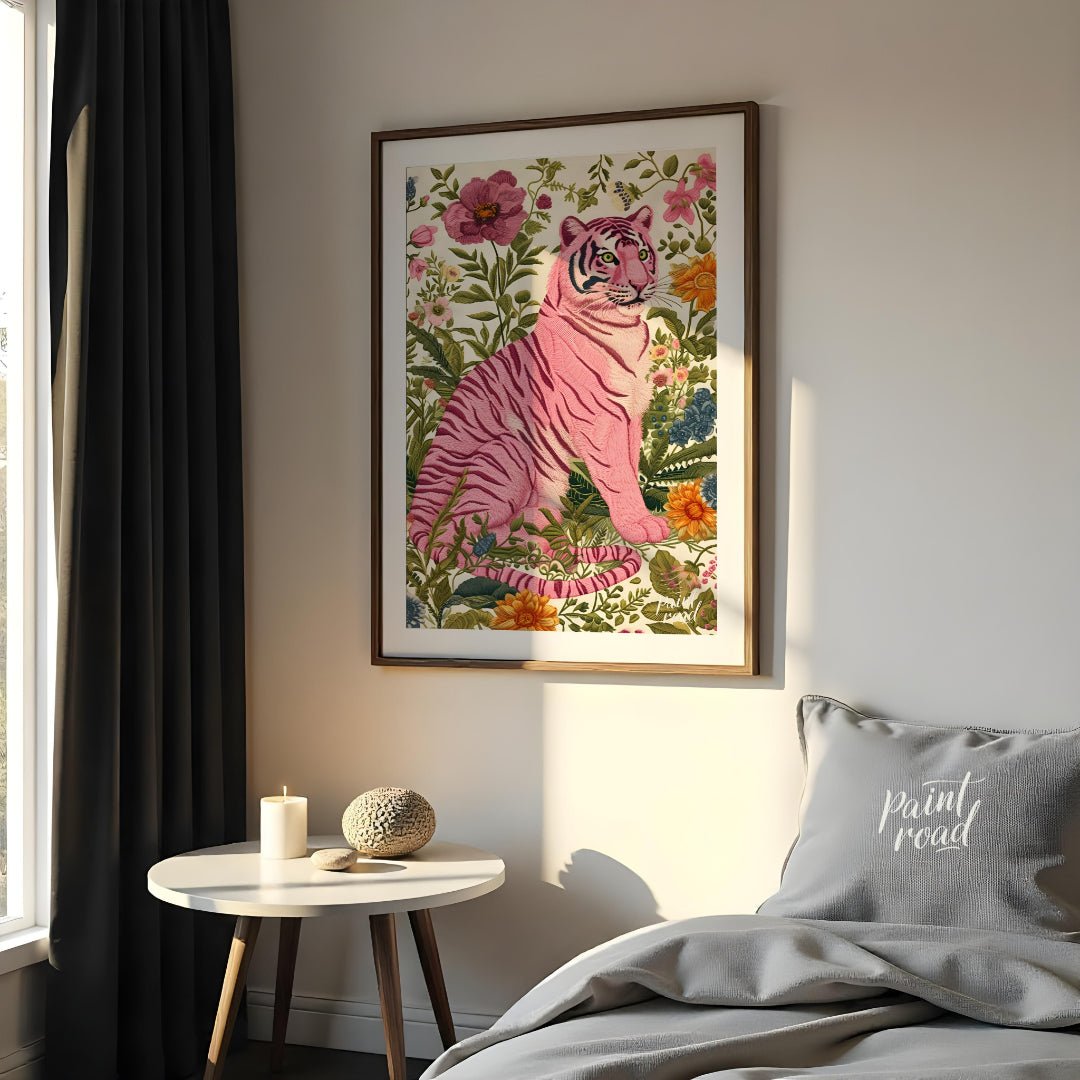 This captivating digital illustration features a pink tiger seated amidst a lush tapestry of vibran… for bedroom
