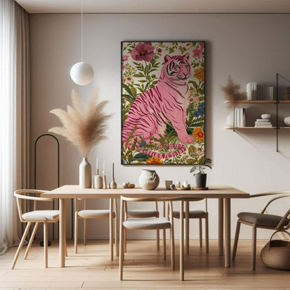 This captivating digital illustration features a pink tiger seated amidst a lush tapestry of vibran… for dining room