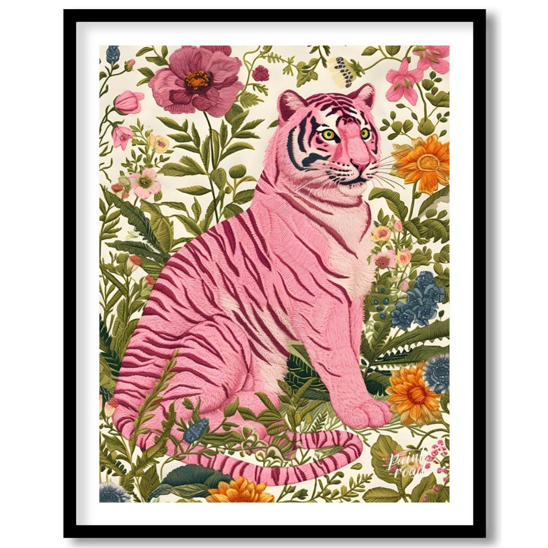 This captivating digital illustration features a pink tiger seated amidst a lush tapestry of vibran… for home
