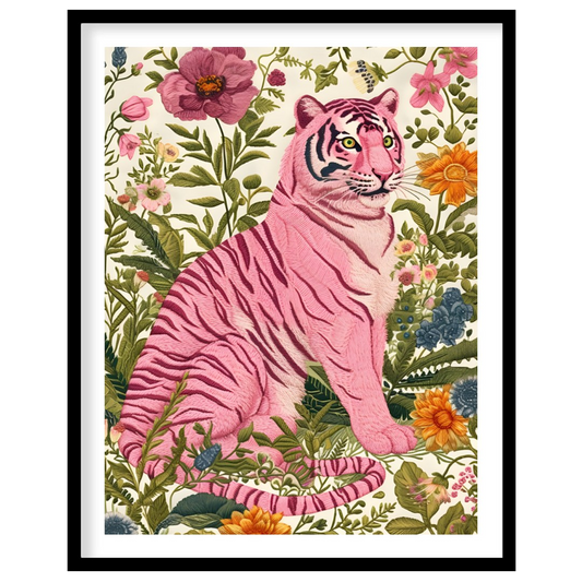 This captivating digital illustration features a pink tiger seated amidst a lush tapestry of vibran… for home