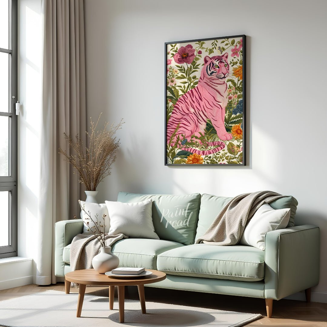 This captivating digital illustration features a pink tiger seated amidst a lush tapestry of vibran… for living room