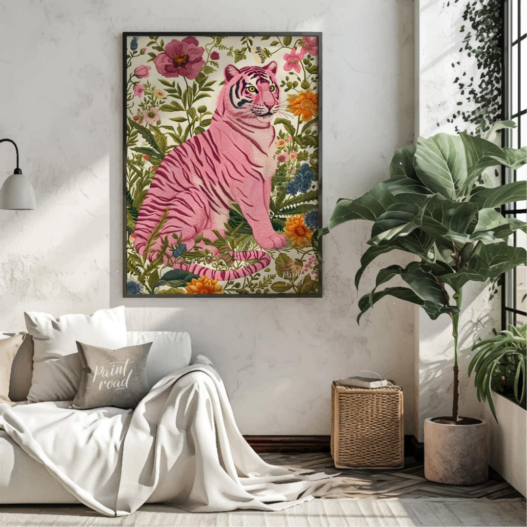 This captivating digital illustration features a pink tiger seated amidst a lush tapestry of vibran… for living room