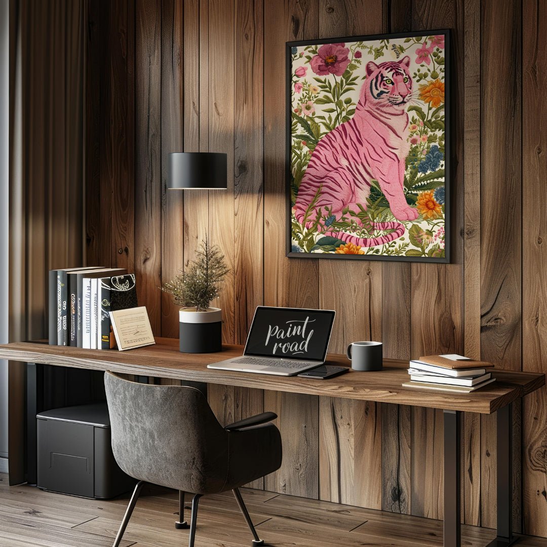 This captivating digital illustration features a pink tiger seated amidst a lush tapestry of vibran… for office