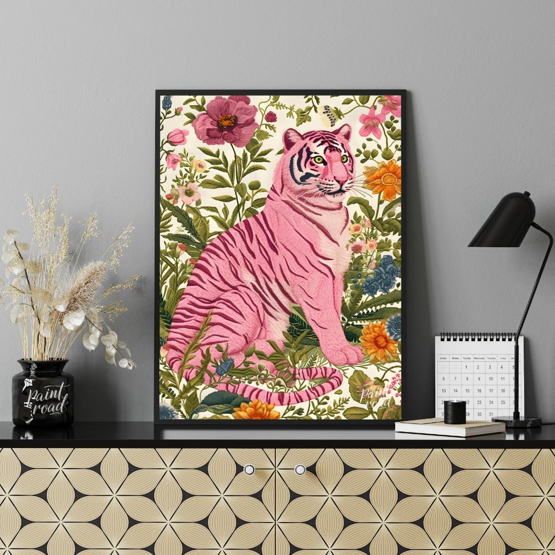 This captivating digital illustration features a pink tiger seated amidst a lush tapestry of vibran… for office