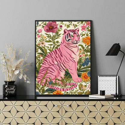 This captivating digital illustration features a pink tiger seated amidst a lush tapestry of vibran… for office