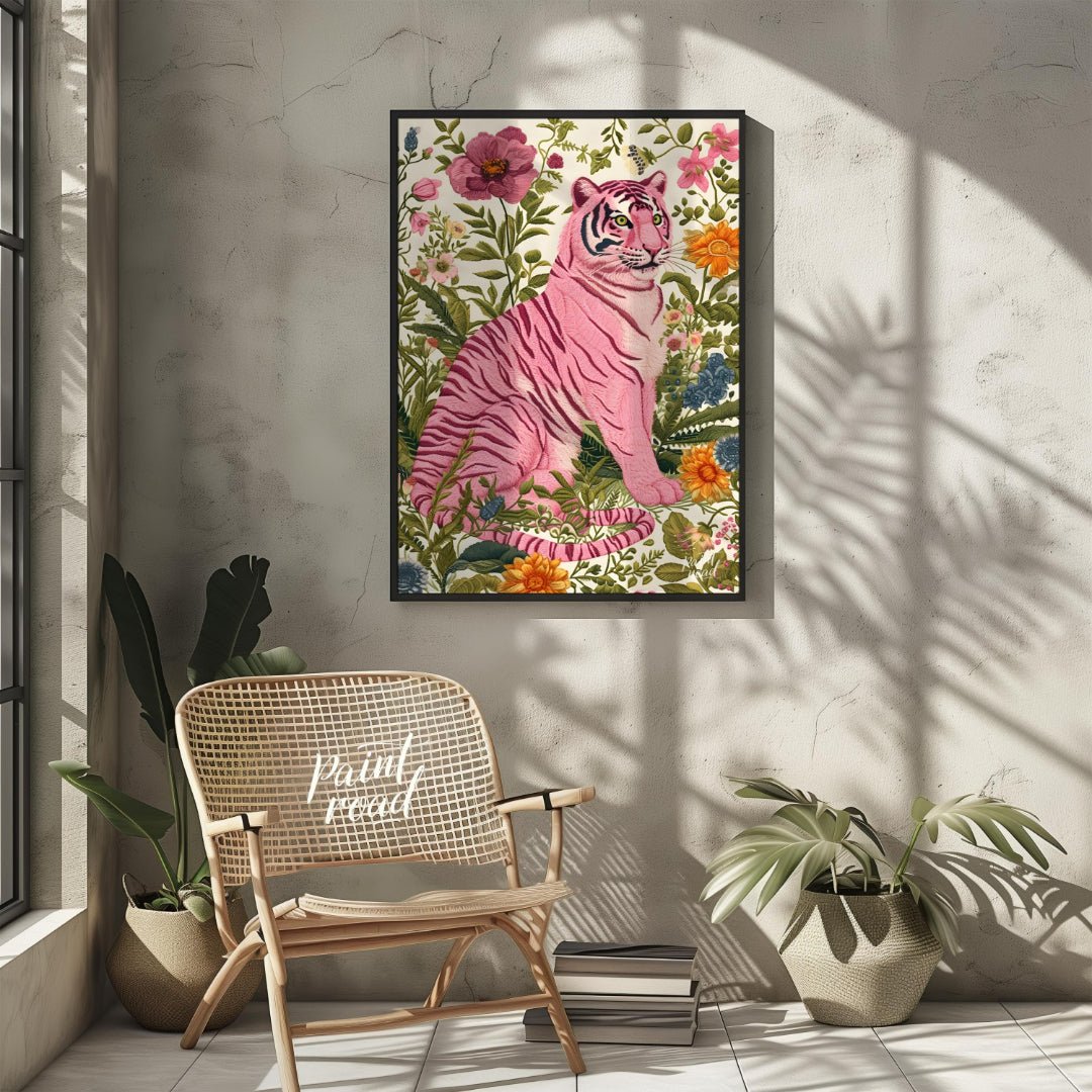 This captivating digital illustration features a pink tiger seated amidst a lush tapestry of vibran… for other