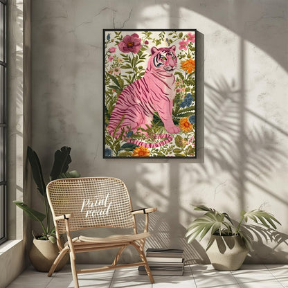 This captivating digital illustration features a pink tiger seated amidst a lush tapestry of vibran… for other