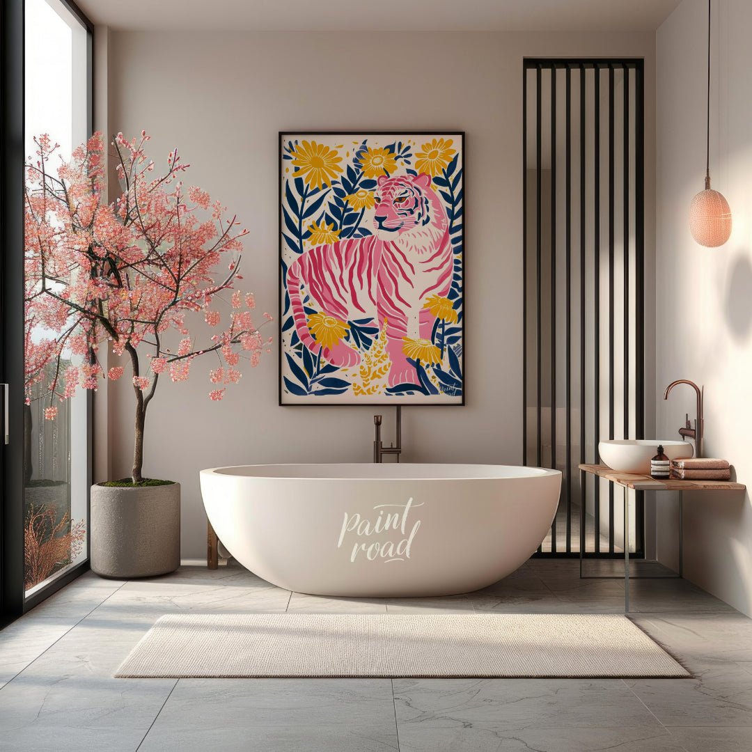 This vibrant digital illustration features a pink tiger, rendered in a striking palette of pink, bl… for bathroom