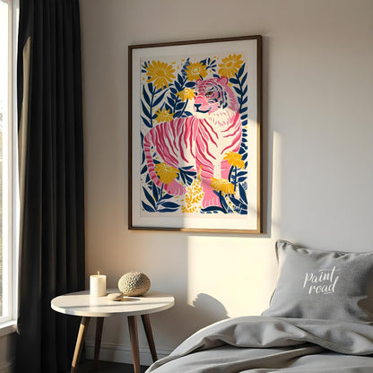 This vibrant digital illustration features a pink tiger, rendered in a striking palette of pink, bl… for bedroom