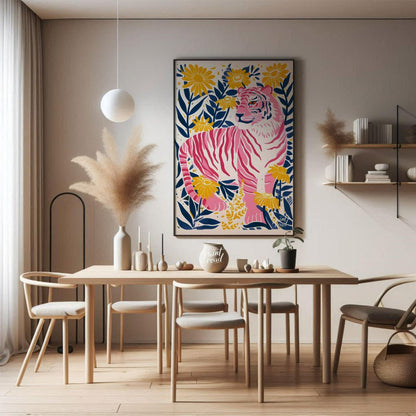 This vibrant digital illustration features a pink tiger, rendered in a striking palette of pink, bl… for dining room