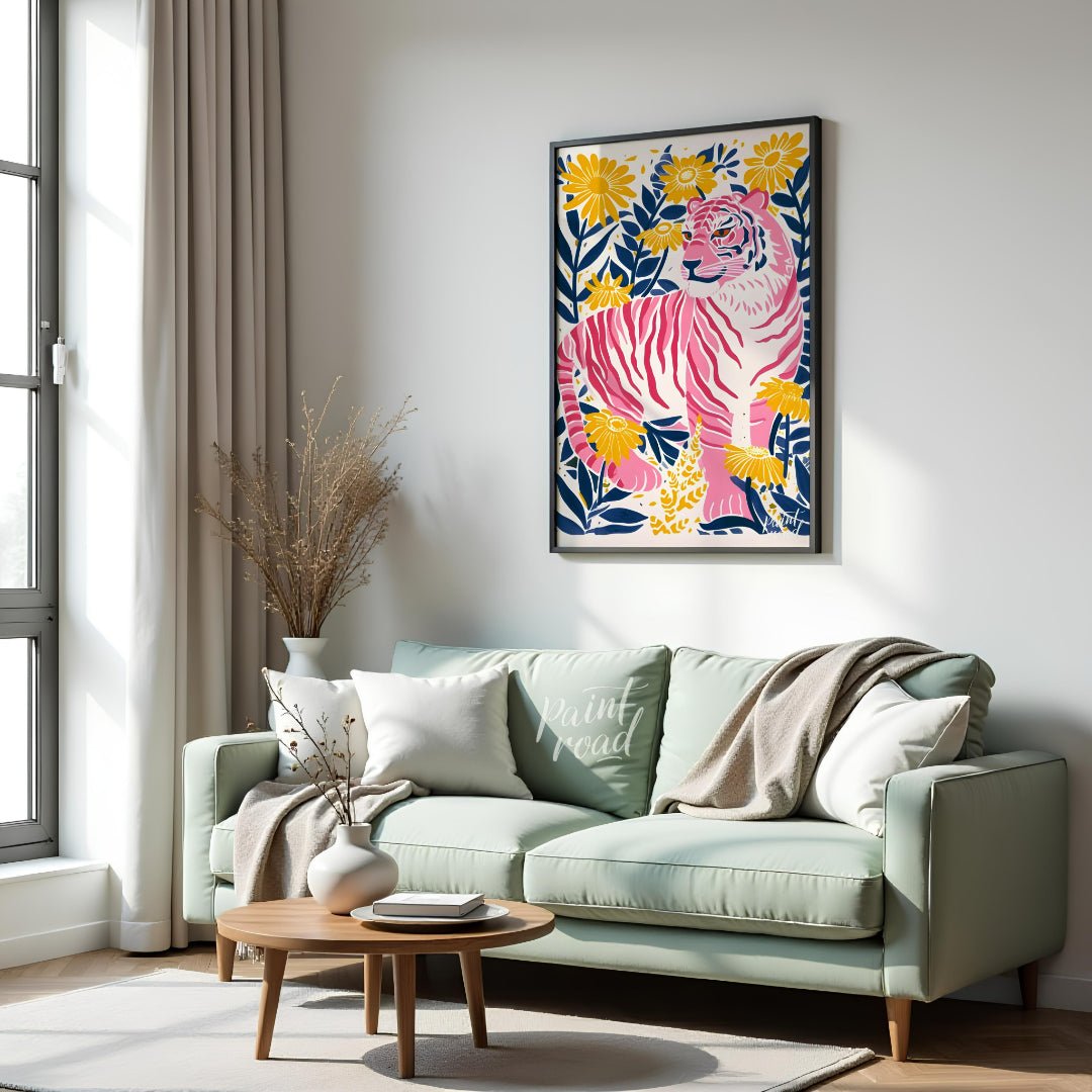 This vibrant digital illustration features a pink tiger, rendered in a striking palette of pink, bl… for living room