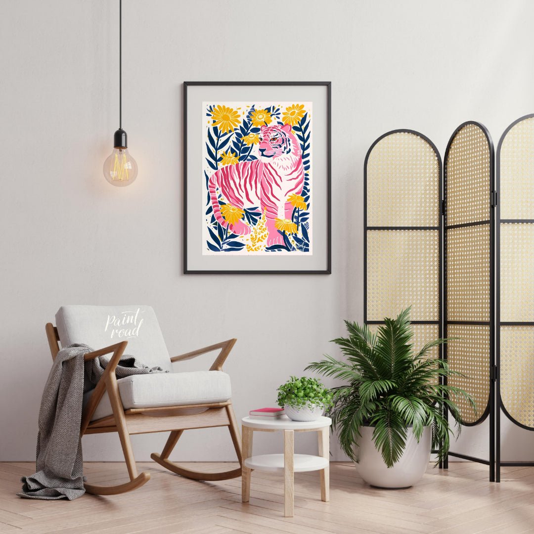 This vibrant digital illustration features a pink tiger, rendered in a striking palette of pink, bl… for living room