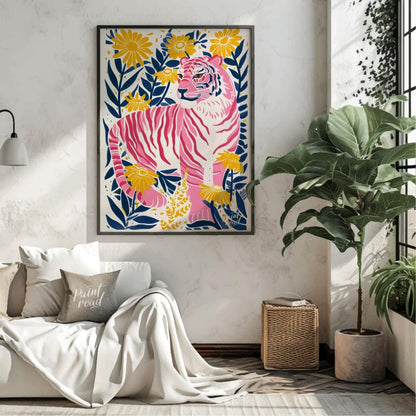 This vibrant digital illustration features a pink tiger, rendered in a striking palette of pink, bl… for living room