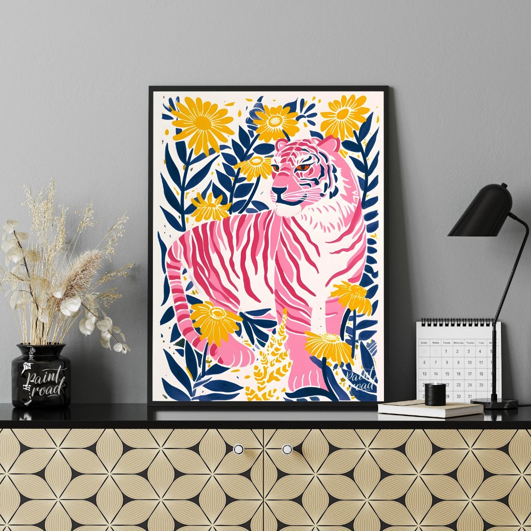 This vibrant digital illustration features a pink tiger, rendered in a striking palette of pink, bl… for office
