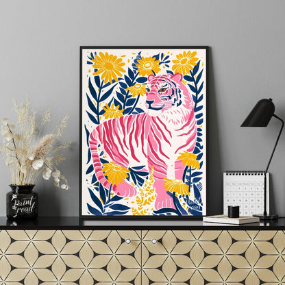 This vibrant digital illustration features a pink tiger, rendered in a striking palette of pink, bl… for office