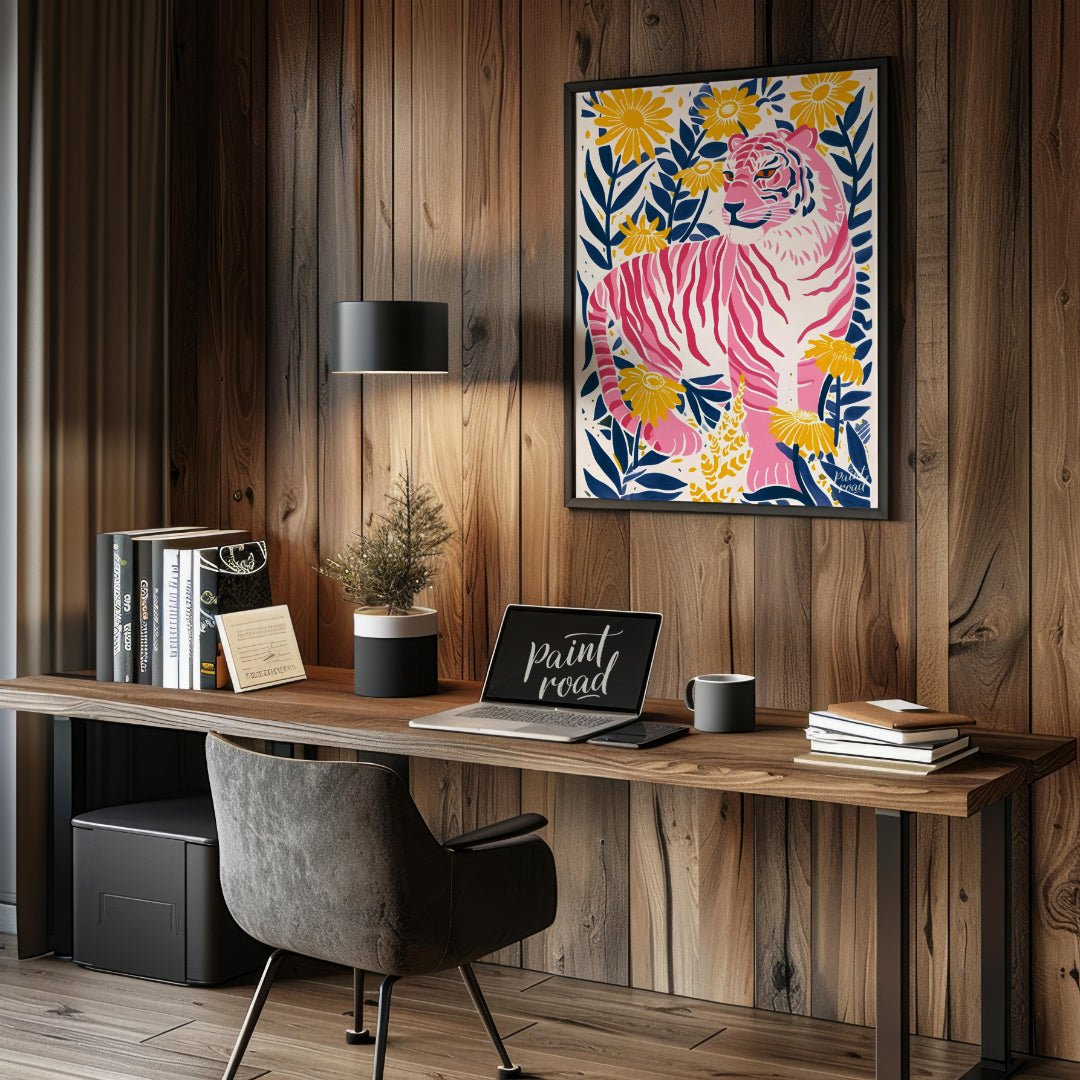 This vibrant digital illustration features a pink tiger, rendered in a striking palette of pink, bl… for office
