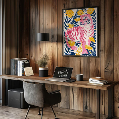 This vibrant digital illustration features a pink tiger, rendered in a striking palette of pink, bl… for office