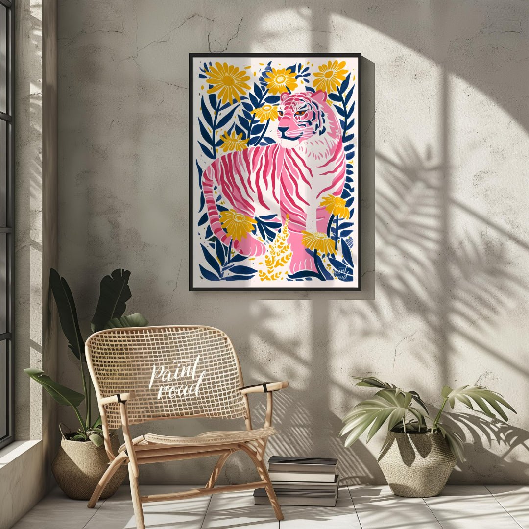 This vibrant digital illustration features a pink tiger, rendered in a striking palette of pink, bl… for outdoor