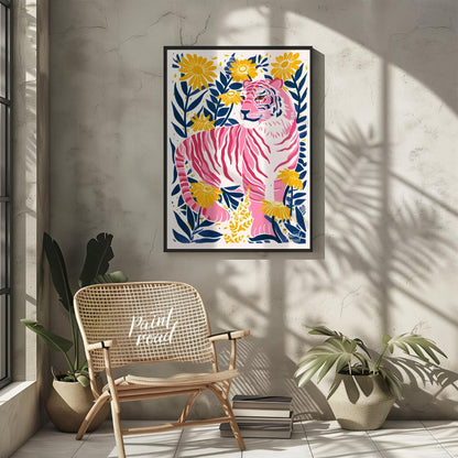 This vibrant digital illustration features a pink tiger, rendered in a striking palette of pink, bl… for outdoor