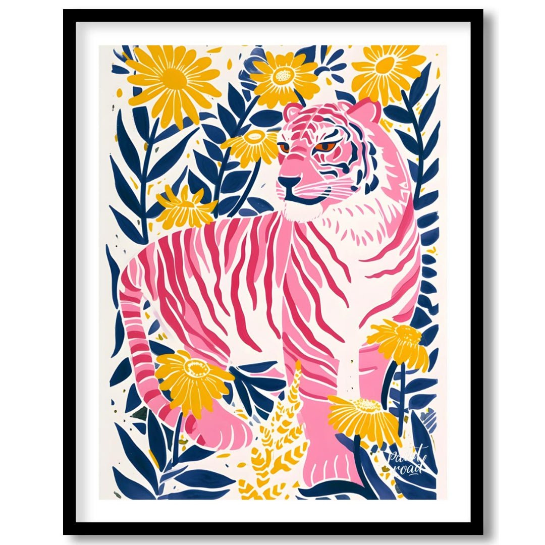 This vibrant digital illustration features a pink tiger, rendered in a striking palette of pink, bl… for room