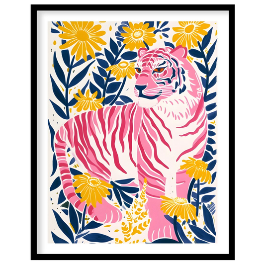 This vibrant digital illustration features a pink tiger, rendered in a striking palette of pink, bl… for room