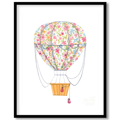 This vibrant watercolor illustration depicts a whimsical hot air balloon wrapped in a bouquet of ri… for house