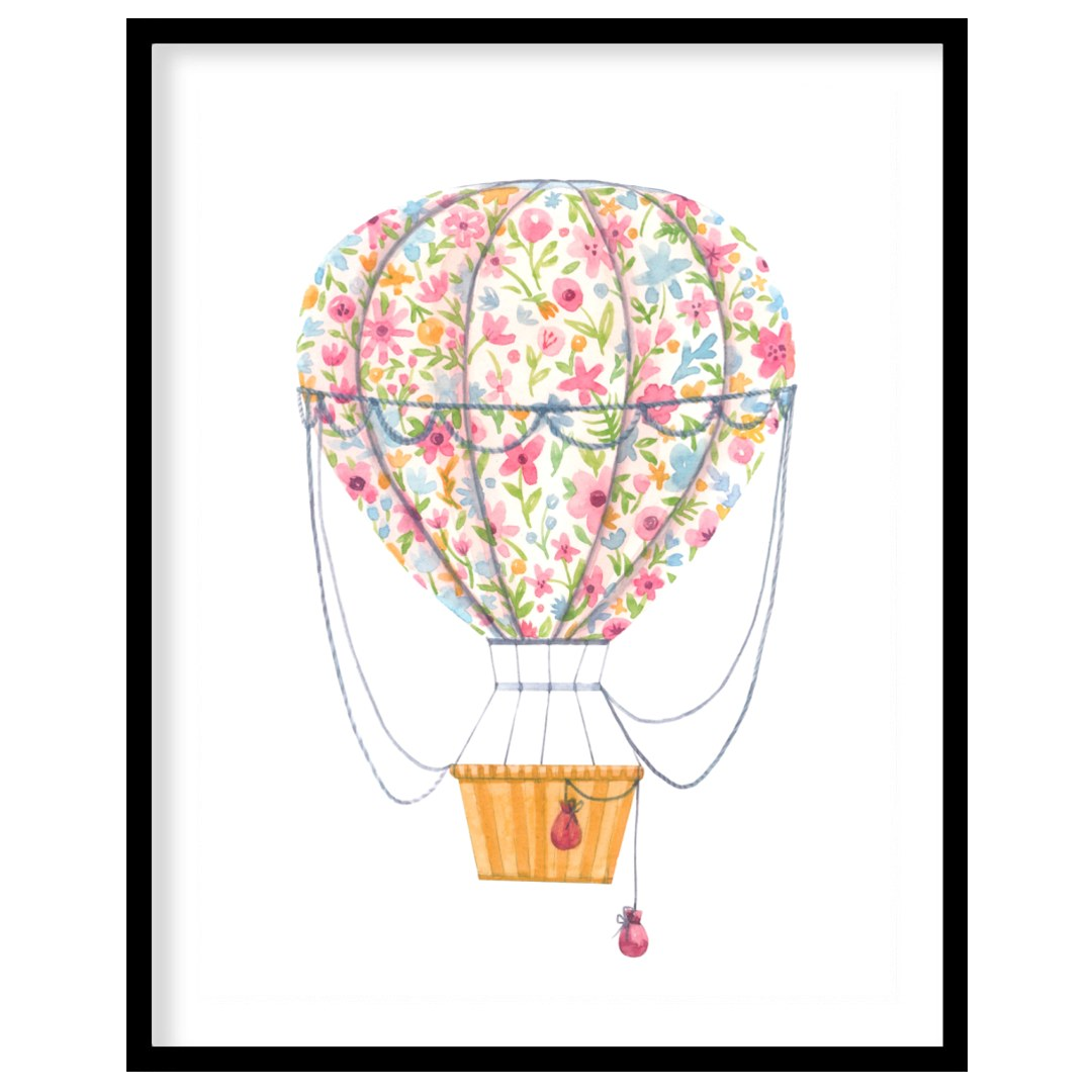 This vibrant watercolor illustration depicts a whimsical hot air balloon wrapped in a bouquet of ri… for house