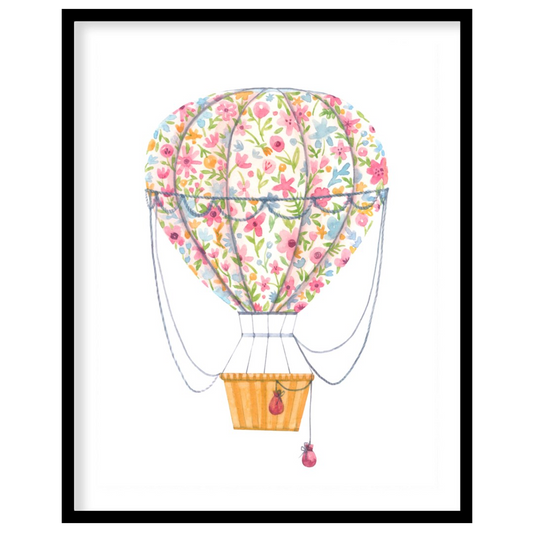 This vibrant watercolor illustration depicts a whimsical hot air balloon wrapped in a bouquet of ri… for house