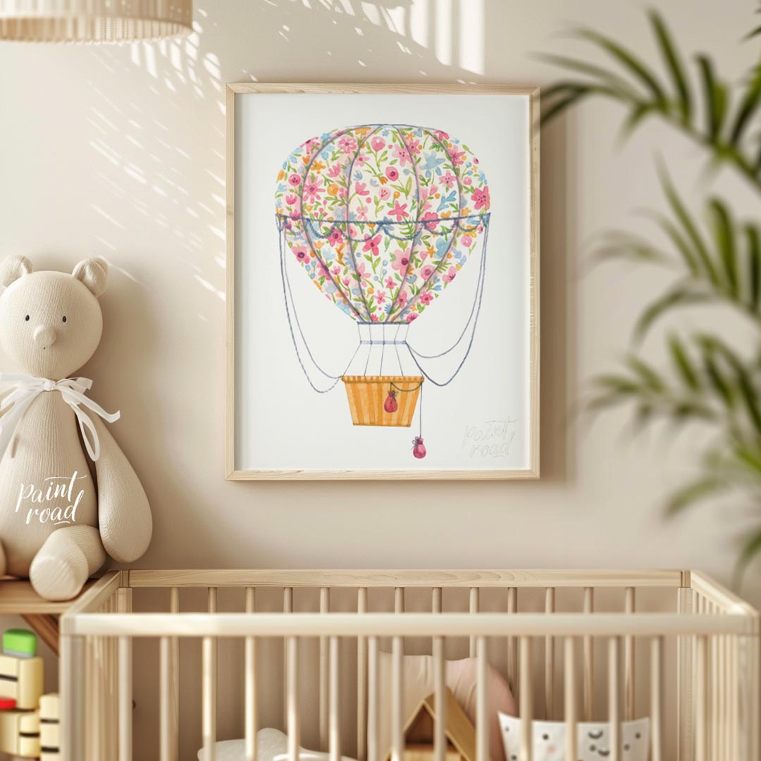 This vibrant watercolor illustration depicts a whimsical hot air balloon wrapped in a bouquet of ri… for nursery