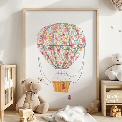 This vibrant watercolor illustration depicts a whimsical hot air balloon wrapped in a bouquet of ri… for nursery