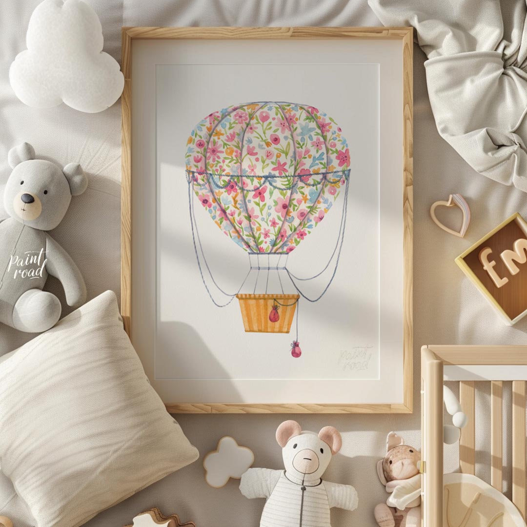 This vibrant watercolor illustration depicts a whimsical hot air balloon wrapped in a bouquet of ri… for nursery