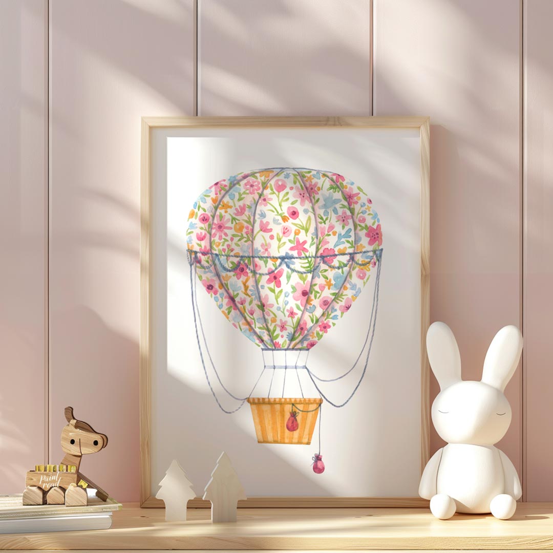 This vibrant watercolor illustration depicts a whimsical hot air balloon wrapped in a bouquet of ri… for nursery