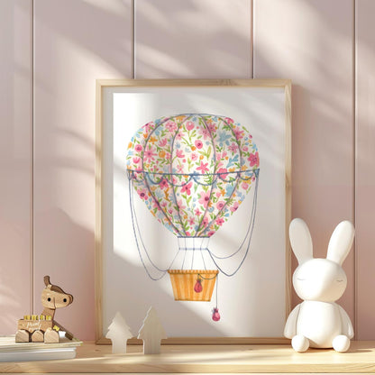 This vibrant watercolor illustration depicts a whimsical hot air balloon wrapped in a bouquet of ri… for nursery