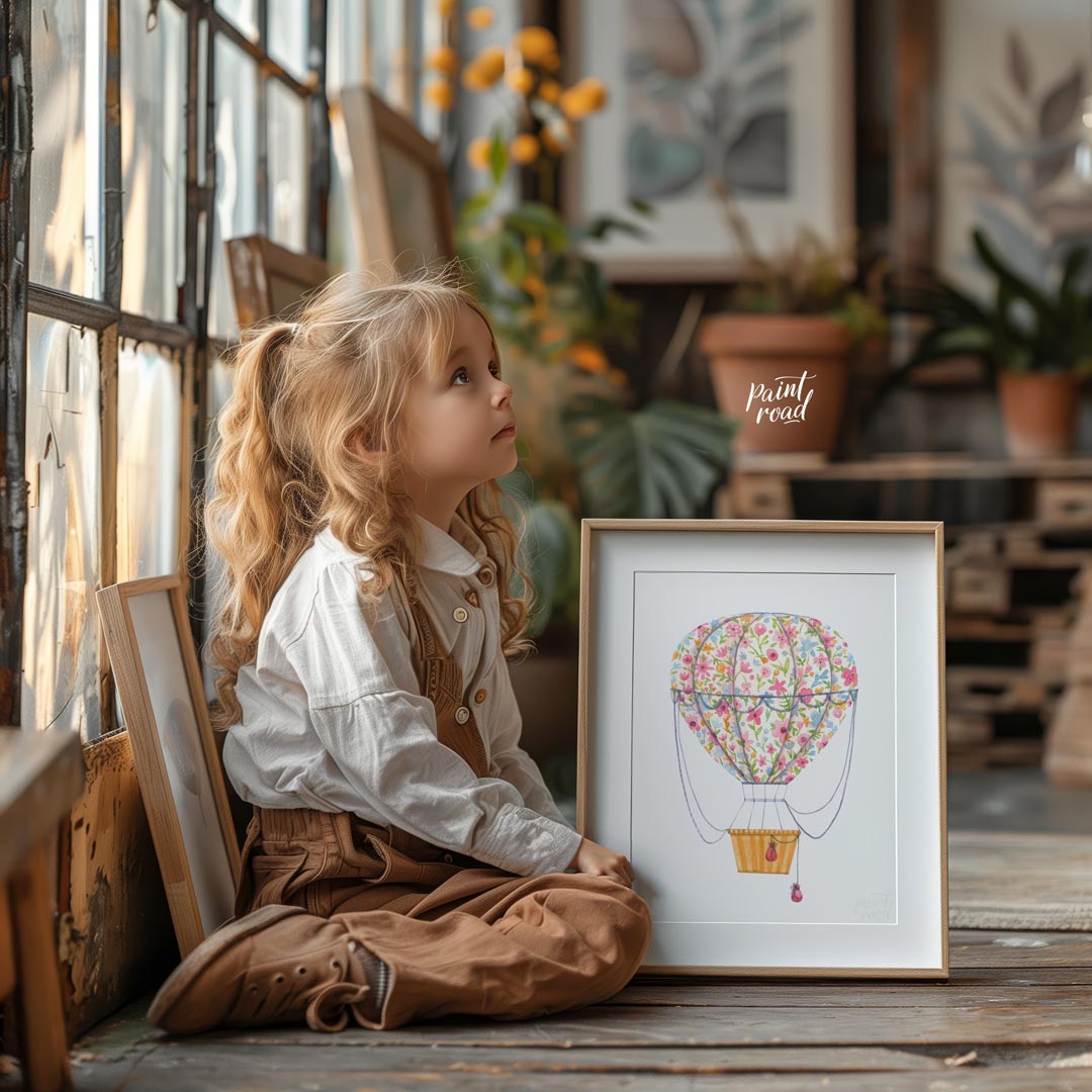 This vibrant watercolor illustration depicts a whimsical hot air balloon wrapped in a bouquet of ri… for other