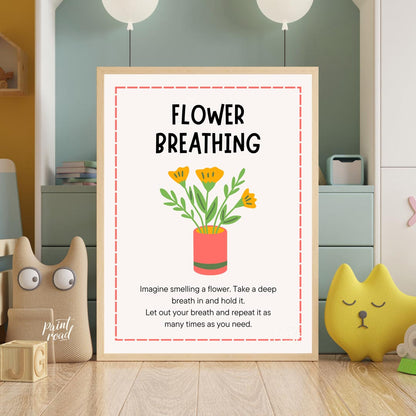 This inviting and practical educational poster is titled "FLOWER BREATHING," and offers a simple mi… for nursery