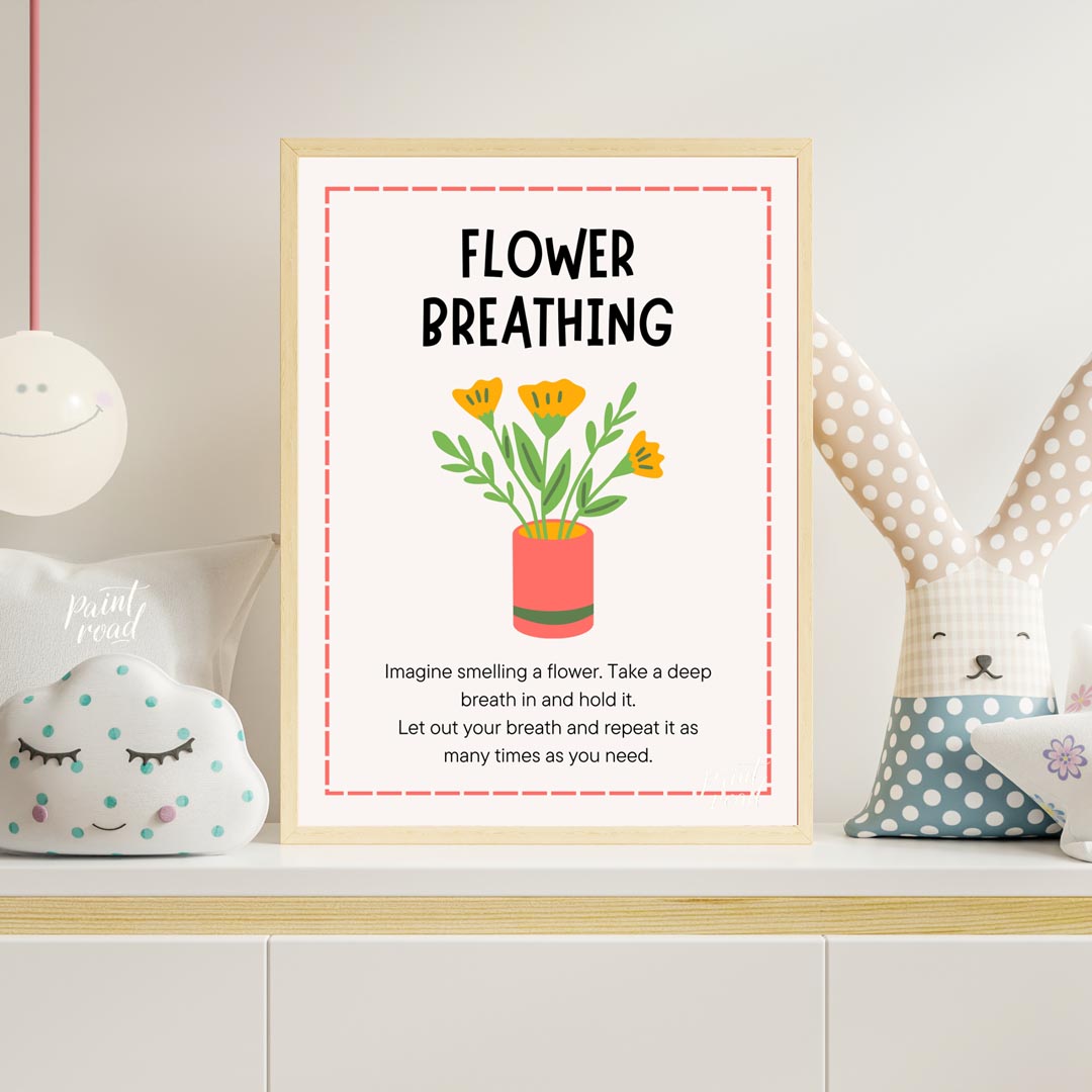 This inviting and practical educational poster is titled "FLOWER BREATHING," and offers a simple mi… for nursery