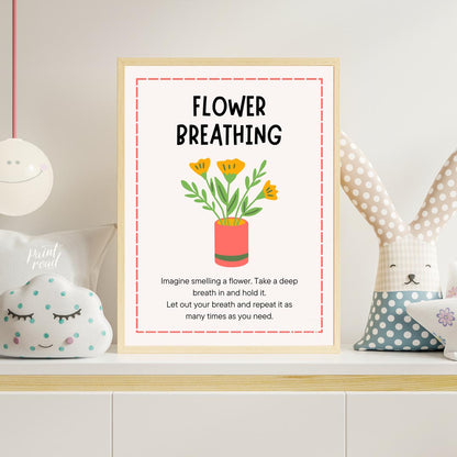 This inviting and practical educational poster is titled "FLOWER BREATHING," and offers a simple mi… for nursery