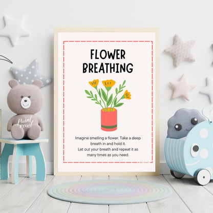 This inviting and practical educational poster is titled "FLOWER BREATHING," and offers a simple mi… for nursery