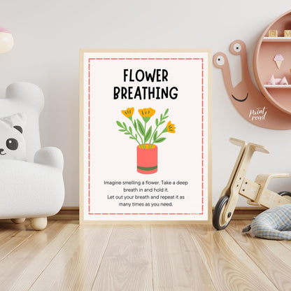 This inviting and practical educational poster is titled "FLOWER BREATHING," and offers a simple mi… for nursery