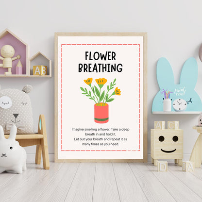 This inviting and practical educational poster is titled "FLOWER BREATHING," and offers a simple mi… for nursery