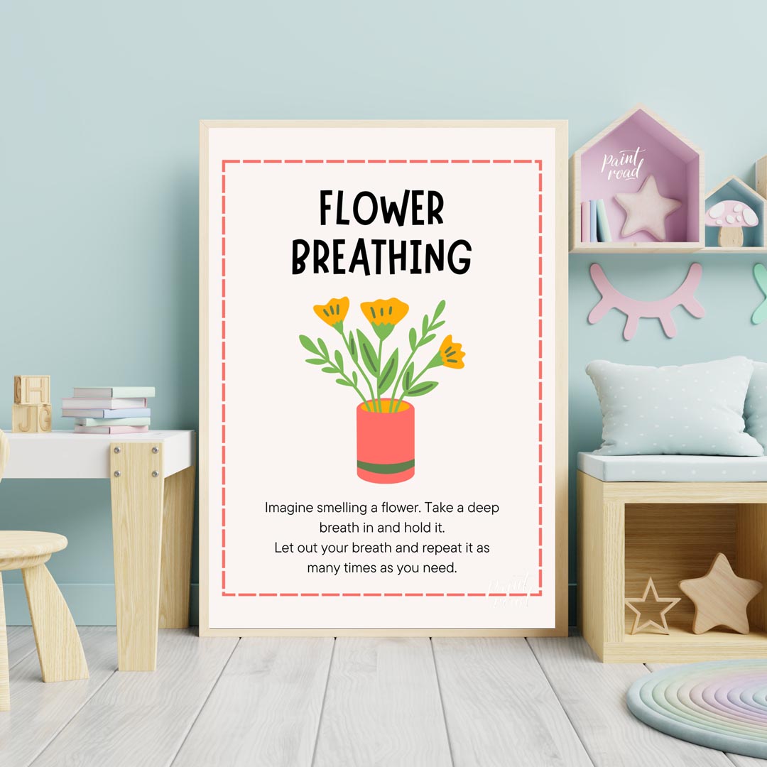 This inviting and practical educational poster is titled "FLOWER BREATHING," and offers a simple mi… for nursery