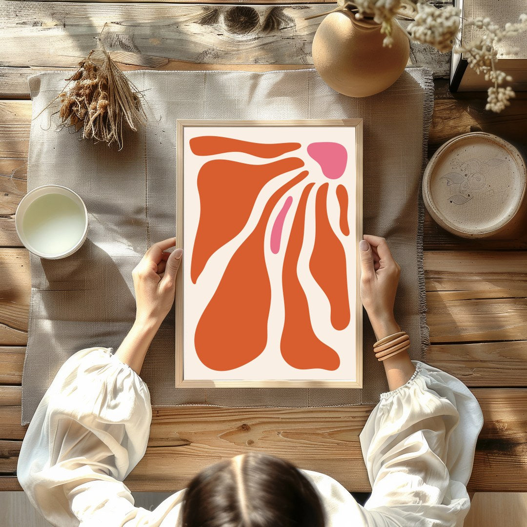 Enhance your space with this captivating abstract wall art, featuring fluid shapes in warm for Kitchen