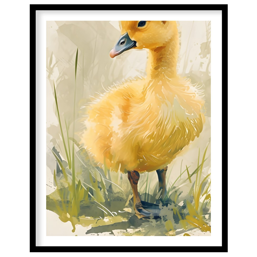 This heartwarming watercolor painting captures the innocence and charm of a bright yellow duckling … for home