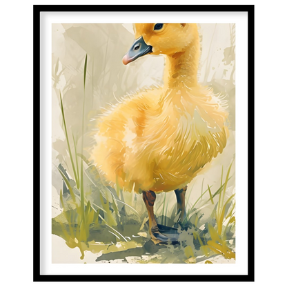 This heartwarming watercolor painting captures the innocence and charm of a bright yellow duckling … for home