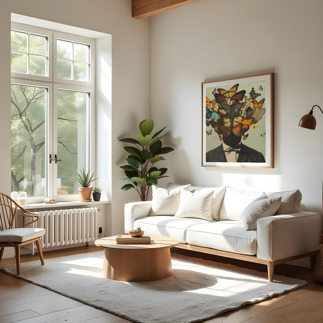 Immerse yourself in the whimsical world of 'Fluttering Thoughts,' a captivating surreal artwork for Living Room