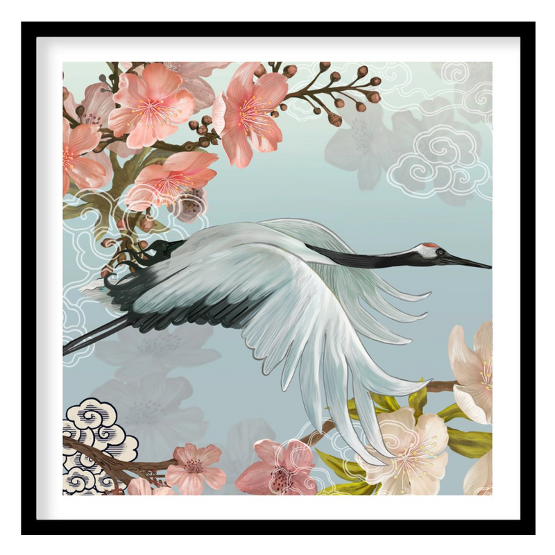 Flying Crane and Cherry Blossoms