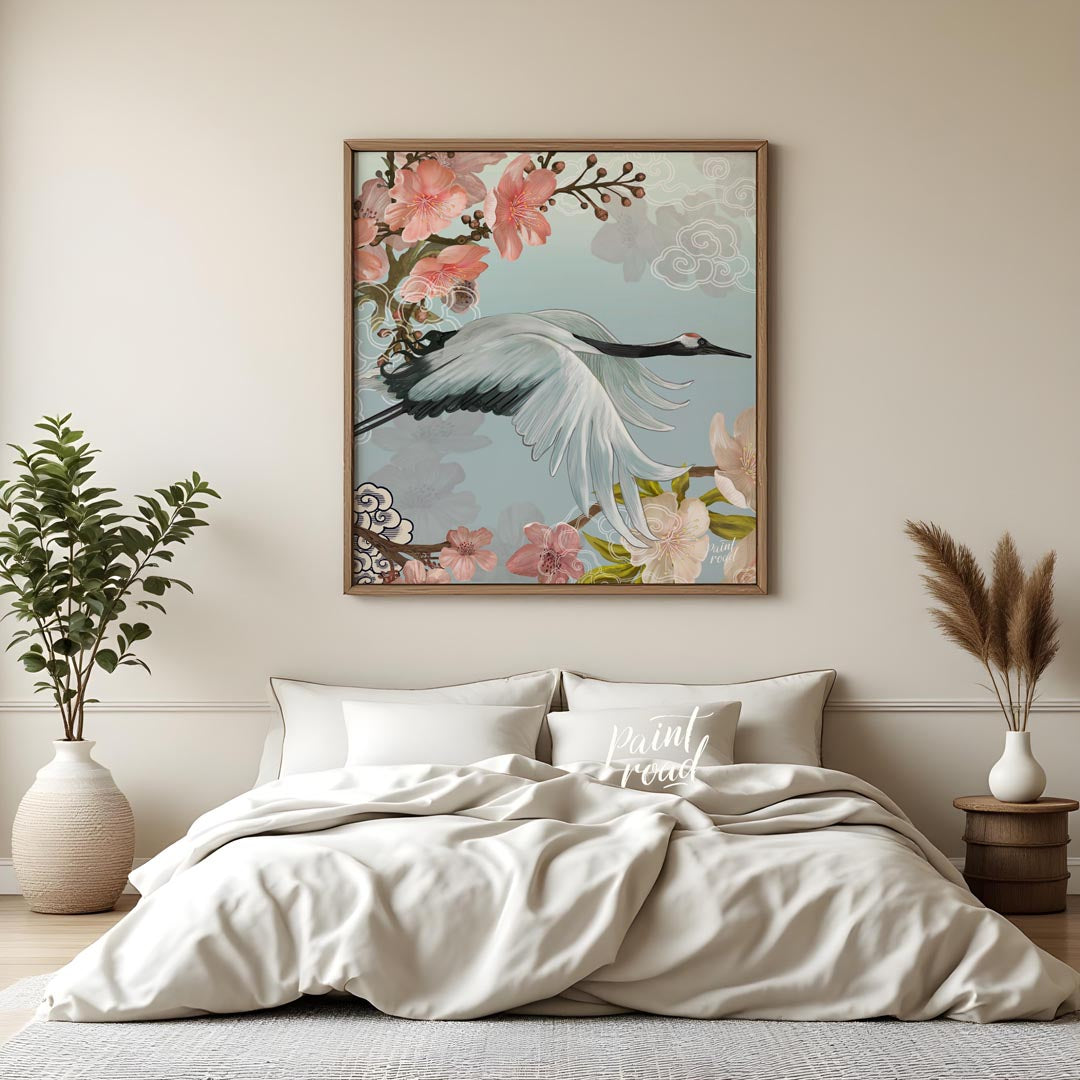 This exquisite digital artwork captures the elegant flight of a Japanese Red-crowned Crane amidst a… for bedroom