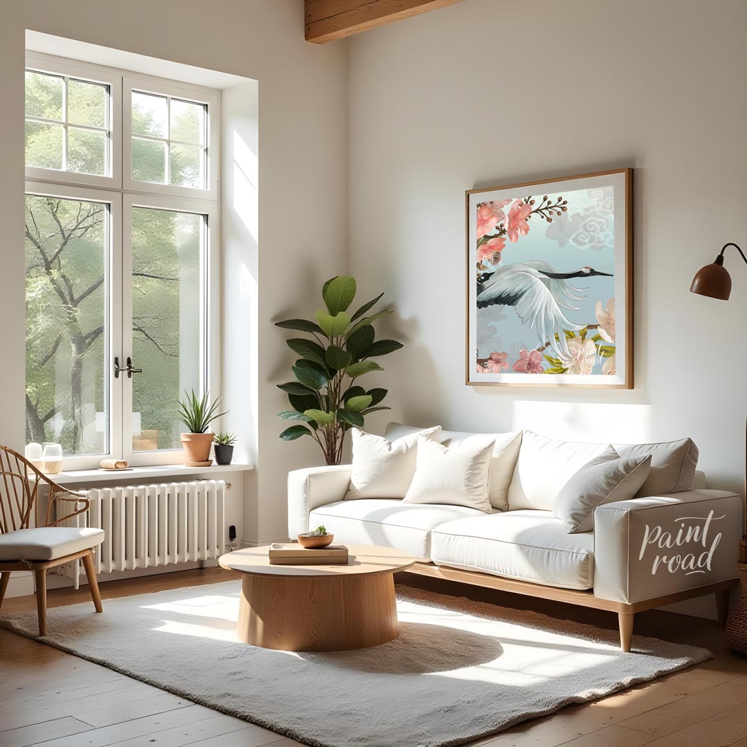 This exquisite digital artwork captures the elegant flight of a Japanese Red-crowned Crane amidst a… for living room
