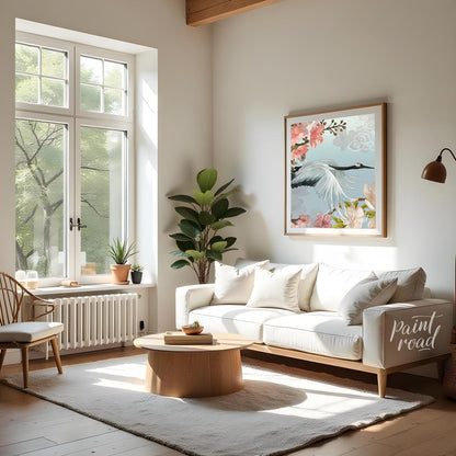 This exquisite digital artwork captures the elegant flight of a Japanese Red-crowned Crane amidst a… for living room